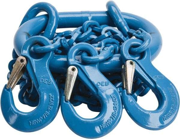 Pewag - 5' Long, 13,500 Lb Basket Capacity, 13,500 Lb Vertical Capacity, 3 Ply, Alloy Steel Web Sling - 4,500 Lb Choker Capacity, TOS Chain Sling, 9/32" Diam Chain, Blue, with 3 Sling Hooks & Master Link - Americas Industrial Supply