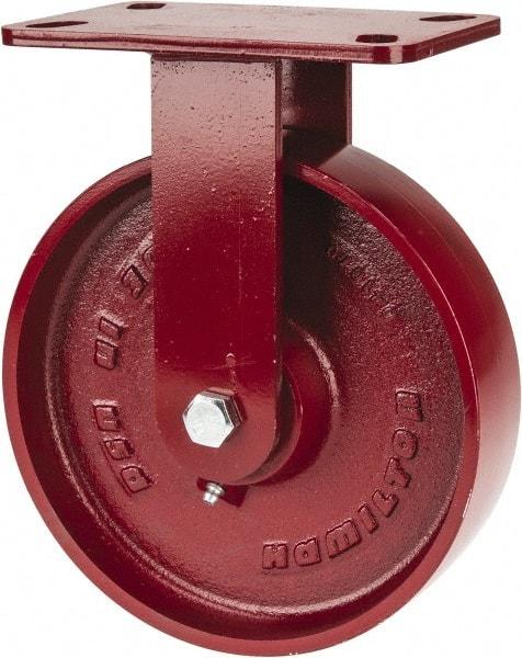 Hamilton - 8" Diam x 2" Wide x 9-3/4" OAH Top Plate Mount Rigid Caster - Cast Iron, 1,500 Lb Capacity, Roller Bearing, 4-1/2 x 6-1/2" Plate - Americas Industrial Supply