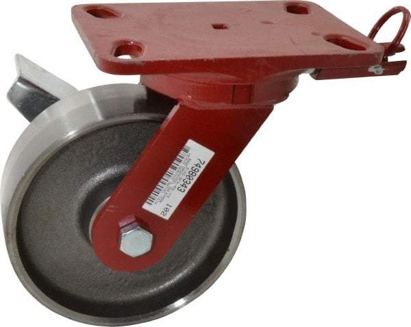 Hamilton - 6" Diam x 2" Wide x 7-3/4" OAH Top Plate Mount Swivel Caster with Brake - Forged Steel, 2,000 Lb Capacity, Roller Bearing, 4-1/2 x 6-1/2" Plate - Americas Industrial Supply