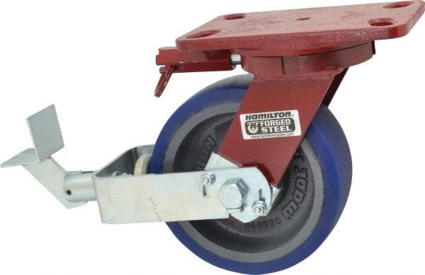 Hamilton - 6" Diam x 2" Wide x 7-3/4" OAH Top Plate Mount Swivel Caster with Brake - Polyurethane, 960 Lb Capacity, Precision Sealed Bearing, 4-1/2 x 6-1/2" Plate - Americas Industrial Supply
