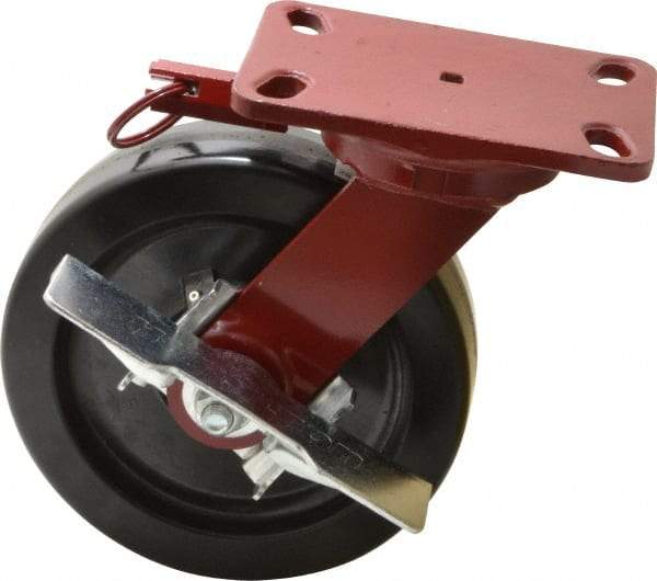 Hamilton - 8" Diam x 2" Wide x 9-3/4" OAH Top Plate Mount Swivel Caster with Brake - Phenolic, 1,400 Lb Capacity, Roller Bearing, 4-1/2 x 6-1/2" Plate - Americas Industrial Supply