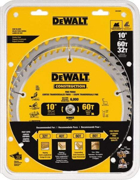 DeWALT - 10" Diam, 5/8" Arbor Hole Diam, 32 & 60 Tooth Wet & Dry Cut Saw Blade - Carbide-Tipped, Fine Finish & General Purpose Action, Standard Round Arbor - Americas Industrial Supply