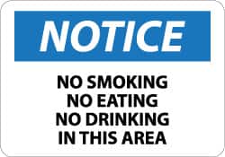 NMC - "Notice - No Smoking - No Eating - No Drinking in This Area", 7" Long x 10" Wide, Pressure-Sensitive Vinyl Safety Sign - Rectangle, 0.004" Thick, Use for Accident Prevention - Americas Industrial Supply