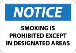 NMC - "Notice - Smoking Is Prohibited Except in Designated Areas", 7" Long x 10" Wide, Pressure-Sensitive Vinyl Safety Sign - Rectangle, 0.004" Thick, Use for Accident Prevention - Americas Industrial Supply