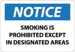 NMC - "Notice - Smoking Is Prohibited Except in Designated Areas", 10" Long x 14" Wide, Pressure-Sensitive Vinyl Safety Sign - Rectangle, 0.004" Thick, Use for Accident Prevention - Americas Industrial Supply