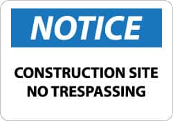 NMC - "Notice - Construction Site - No Trespassing", 10" Long x 14" Wide, Pressure-Sensitive Vinyl Safety Sign - Rectangle, 0.004" Thick, Use for Security & Admittance - Americas Industrial Supply