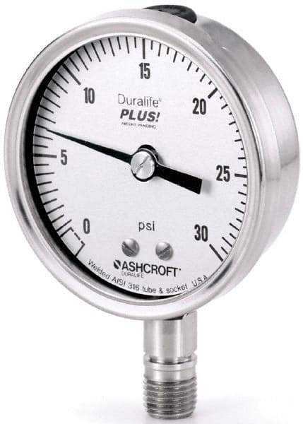 Ashcroft - 2-1/2" Dial, 1/4 Thread, 30-0 Scale Range, Pressure Gauge - Lower Connection Mount, Accurate to 1% of Scale - Americas Industrial Supply