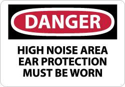 NMC - "Danger - High Noise Area Ear Protection Must Be Worn", 10" Long x 14" Wide, Pressure-Sensitive Vinyl Safety Sign - Rectangle, 0.004" Thick, Use for Accident Prevention - Americas Industrial Supply