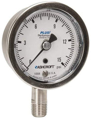 Ashcroft - 2-1/2" Dial, 1/4 Thread, 0-15 Scale Range, Pressure Gauge - Lower Connection Mount, Accurate to 3-2-3% of Scale - Americas Industrial Supply