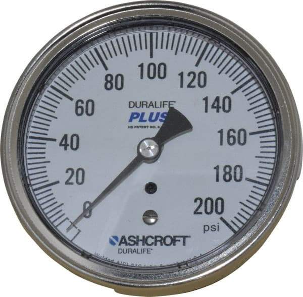 Ashcroft - 3-1/2" Dial, 1/4 Thread, 0-200 Scale Range, Pressure Gauge - Center Back Connection Mount, Accurate to 1% of Scale - Americas Industrial Supply
