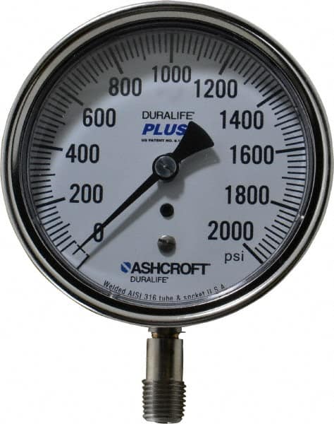 Ashcroft - 3-1/2" Dial, 1/4 Thread, 0-2,000 Scale Range, Pressure Gauge - Lower Connection Mount, Accurate to 1% of Scale - Americas Industrial Supply