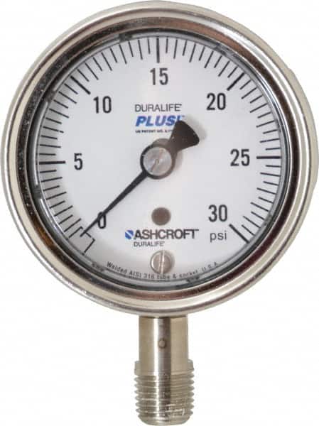 Ashcroft - 2-1/2" Dial, 1/4 Thread, 0-30 Scale Range, Pressure Gauge - Lower Connection Mount, Accurate to 1% of Scale - Americas Industrial Supply