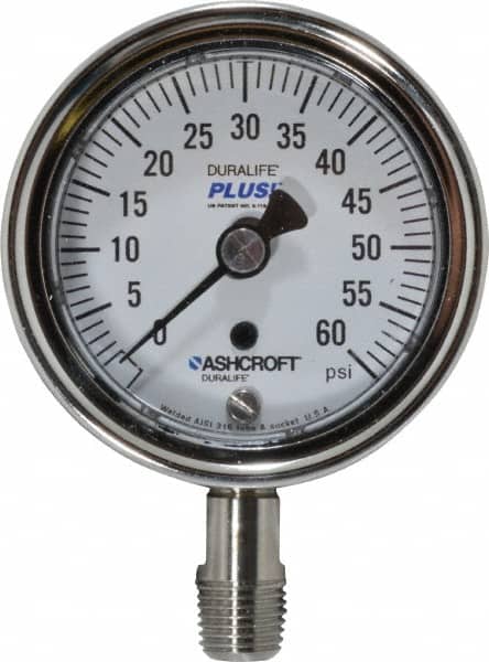 Ashcroft - 2-1/2" Dial, 1/4 Thread, 0-60 Scale Range, Pressure Gauge - Lower Connection Mount, Accurate to 1% of Scale - Americas Industrial Supply