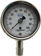 Ashcroft - 2-1/2" Dial, 1/4 Thread, 0-100 Scale Range, Pressure Gauge - Lower Connection Mount, Accurate to 1% of Scale - Americas Industrial Supply