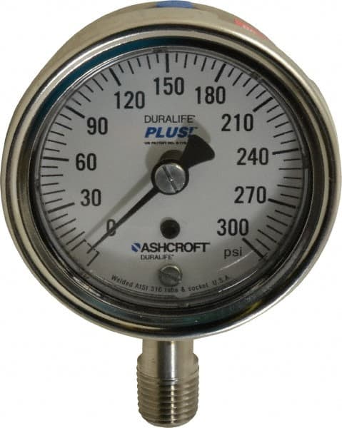 Ashcroft - 2-1/2" Dial, 1/4 Thread, 0-300 Scale Range, Pressure Gauge - Lower Connection Mount, Accurate to 1% of Scale - Americas Industrial Supply