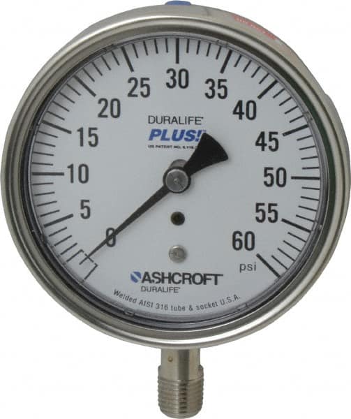 Ashcroft - 3-1/2" Dial, 1/4 Thread, 0-60 Scale Range, Pressure Gauge - Lower Connection Mount, Accurate to 1% of Scale - Americas Industrial Supply