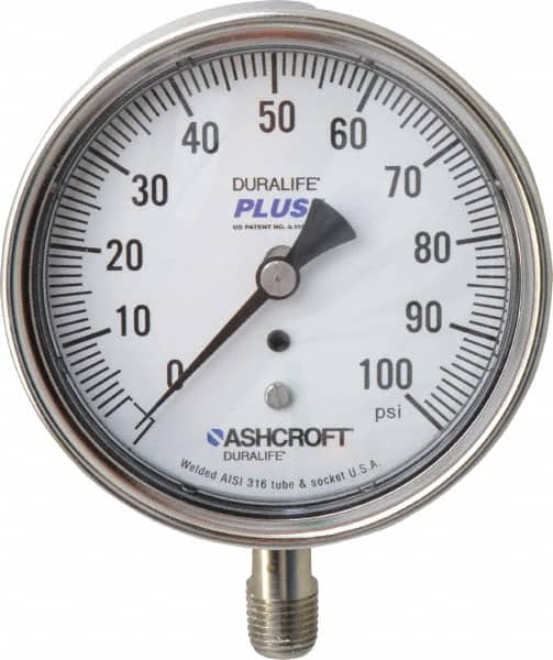 Ashcroft - 3-1/2" Dial, 1/4 Thread, 0-100 Scale Range, Pressure Gauge - Lower Connection Mount, Accurate to 1% of Scale - Americas Industrial Supply
