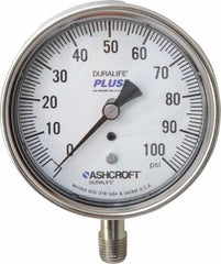 Ashcroft - 3-1/2" Dial, 1/4 Thread, 0-100 Scale Range, Pressure Gauge - Lower Connection Mount, Accurate to 1% of Scale - Americas Industrial Supply