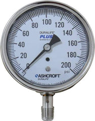 Ashcroft - 3-1/2" Dial, 1/4 Thread, 0-200 Scale Range, Pressure Gauge - Lower Connection Mount, Accurate to 1% of Scale - Americas Industrial Supply