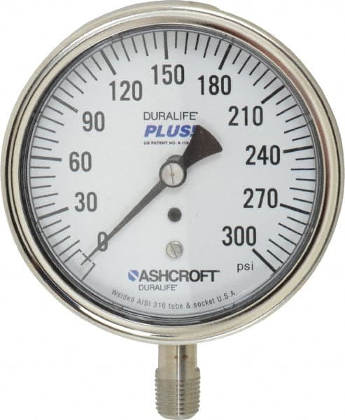 Ashcroft - 3-1/2" Dial, 1/4 Thread, 0-300 Scale Range, Pressure Gauge - Lower Connection Mount, Accurate to 1% of Scale - Americas Industrial Supply