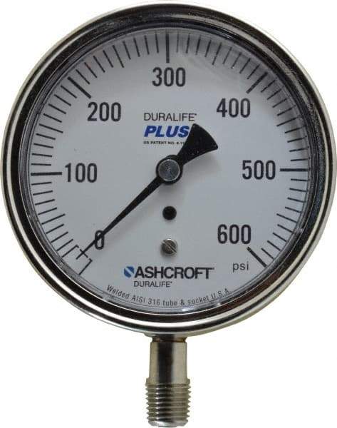 Ashcroft - 3-1/2" Dial, 1/4 Thread, 0-600 Scale Range, Pressure Gauge - Lower Connection Mount, Accurate to 1% of Scale - Americas Industrial Supply