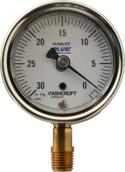 Ashcroft - 2-1/2" Dial, 1/4 Thread, 30-0 Scale Range, Pressure Gauge - Lower Connection Mount, Accurate to 1% of Scale - Americas Industrial Supply