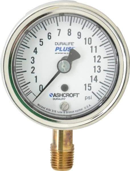 Ashcroft - 2-1/2" Dial, 1/4 Thread, 0-15 Scale Range, Pressure Gauge - Lower Connection Mount, Accurate to 1% of Scale - Americas Industrial Supply