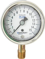 Ashcroft - 2-1/2" Dial, 1/4 Thread, 0-15 Scale Range, Pressure Gauge - Lower Connection Mount, Accurate to 1% of Scale - Americas Industrial Supply