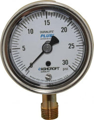 Ashcroft - 2-1/2" Dial, 1/4 Thread, 0-30 Scale Range, Pressure Gauge - Lower Connection Mount, Accurate to 1% of Scale - Americas Industrial Supply