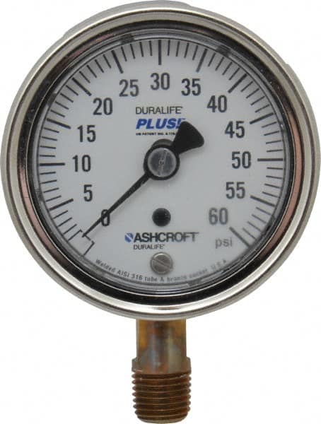 Ashcroft - 2-1/2" Dial, 1/4 Thread, 0-60 Scale Range, Pressure Gauge - Lower Connection Mount, Accurate to 1% of Scale - Americas Industrial Supply