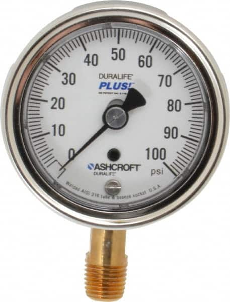Ashcroft - 2-1/2" Dial, 1/4 Thread, 0-100 Scale Range, Pressure Gauge - Lower Connection Mount, Accurate to 1% of Scale - Americas Industrial Supply