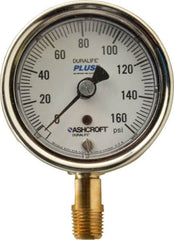 Ashcroft - 2-1/2" Dial, 1/4 Thread, 0-160 Scale Range, Pressure Gauge - Lower Connection Mount, Accurate to 1% of Scale - Americas Industrial Supply
