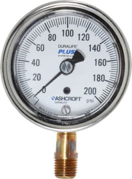Ashcroft - 2-1/2" Dial, 1/4 Thread, 0-200 Scale Range, Pressure Gauge - Lower Connection Mount, Accurate to 1% of Scale - Americas Industrial Supply