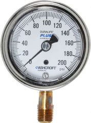 Ashcroft - 2-1/2" Dial, 1/4 Thread, 0-200 Scale Range, Pressure Gauge - Lower Connection Mount, Accurate to 1% of Scale - Americas Industrial Supply
