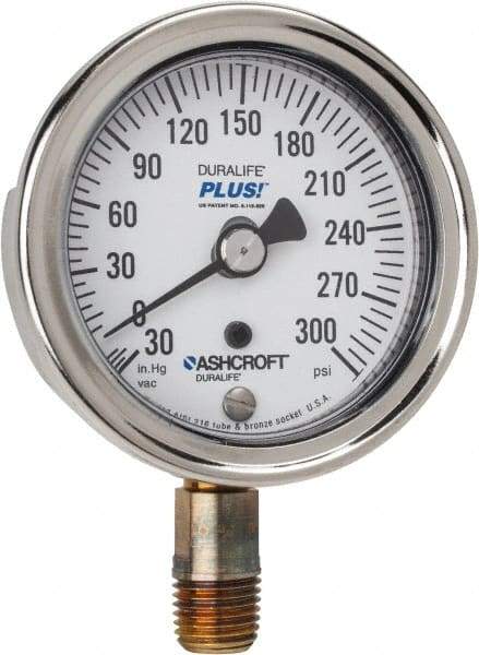 Ashcroft - 2-1/2" Dial, 1/4 Thread, 30-0-300 Scale Range, Pressure Gauge - Lower Connection Mount, Accurate to 1% of Scale - Americas Industrial Supply