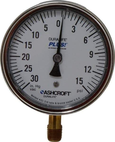 Ashcroft - 3-1/2" Dial, 1/4 Thread, 30-0-15 Scale Range, Pressure Gauge - Lower Connection Mount, Accurate to 1% of Scale - Americas Industrial Supply