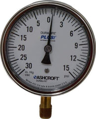 Ashcroft - 3-1/2" Dial, 1/4 Thread, 30-0-15 Scale Range, Pressure Gauge - Lower Connection Mount, Accurate to 1% of Scale - Americas Industrial Supply