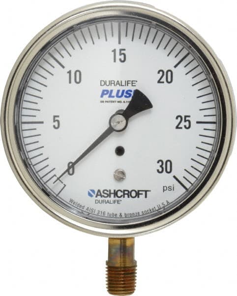 Ashcroft - 3-1/2" Dial, 1/4 Thread, 0-30 Scale Range, Pressure Gauge - Lower Connection Mount, Accurate to 1% of Scale - Americas Industrial Supply