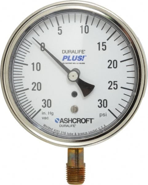 Ashcroft - 3-1/2" Dial, 1/4 Thread, 30-0-30 Scale Range, Pressure Gauge - Lower Connection Mount, Accurate to 1% of Scale - Americas Industrial Supply
