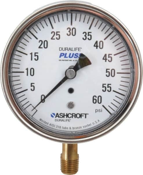 Ashcroft - 3-1/2" Dial, 1/4 Thread, 0-60 Scale Range, Pressure Gauge - Lower Connection Mount, Accurate to 1% of Scale - Americas Industrial Supply