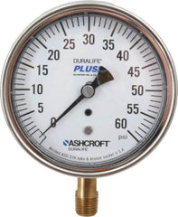 Ashcroft - 3-1/2" Dial, 1/4 Thread, 0-60 Scale Range, Pressure Gauge - Lower Connection Mount, Accurate to 1% of Scale - Americas Industrial Supply
