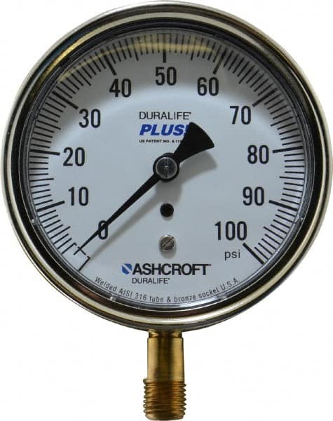 Ashcroft - 3-1/2" Dial, 1/4 Thread, 0-100 Scale Range, Pressure Gauge - Lower Connection Mount, Accurate to 1% of Scale - Americas Industrial Supply