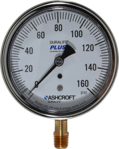 Ashcroft - 3-1/2" Dial, 1/4 Thread, 0-160 Scale Range, Pressure Gauge - Lower Connection Mount, Accurate to 1% of Scale - Americas Industrial Supply
