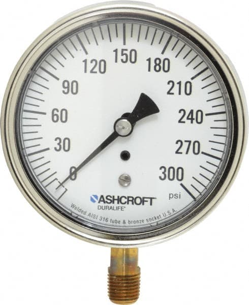 Ashcroft - 3-1/2" Dial, 1/4 Thread, 0-300 Scale Range, Pressure Gauge - Lower Connection Mount, Accurate to 1% of Scale - Americas Industrial Supply
