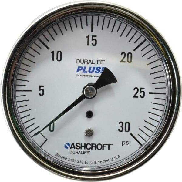 Ashcroft - 3-1/2" Dial, 1/4 Thread, 0-30 Scale Range, Pressure Gauge - Center Back Connection Mount, Accurate to 1% of Scale - Americas Industrial Supply
