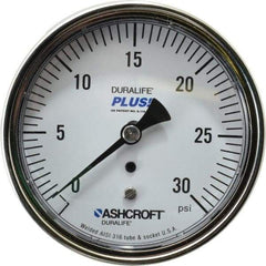 Ashcroft - 3-1/2" Dial, 1/4 Thread, 0-30 Scale Range, Pressure Gauge - Center Back Connection Mount, Accurate to 1% of Scale - Americas Industrial Supply