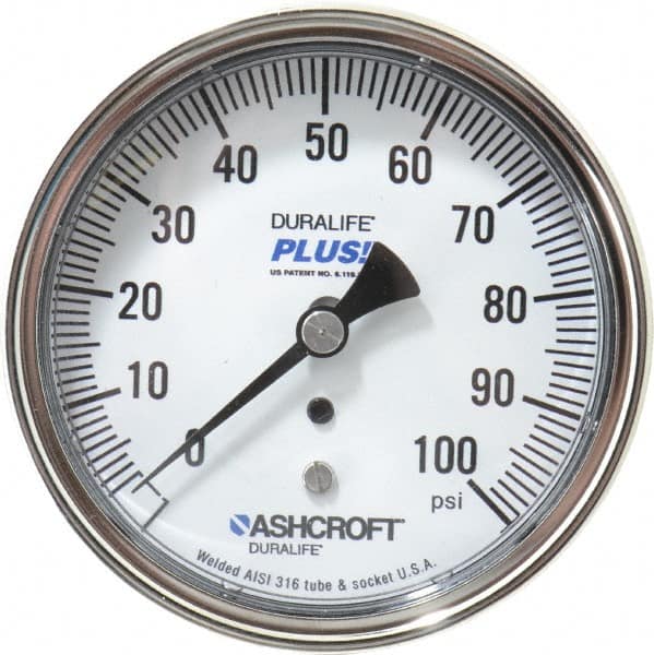 Ashcroft - 3-1/2" Dial, 1/4 Thread, 0-100 Scale Range, Pressure Gauge - Center Back Connection Mount, Accurate to 1% of Scale - Americas Industrial Supply