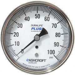 Ashcroft - 3-1/2" Dial, 1/4 Thread, 0-100 Scale Range, Pressure Gauge - Center Back Connection Mount, Accurate to 1% of Scale - Americas Industrial Supply