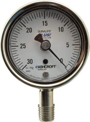 Ashcroft - 2-1/2" Dial, 1/4 Thread, 30-0 Scale Range, Pressure Gauge - Lower Connection Mount, Accurate to 1% of Scale - Americas Industrial Supply