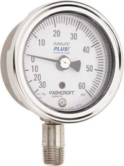 Ashcroft - 2-1/2" Dial, 1/4 Thread, 30-0-60 Scale Range, Pressure Gauge - Lower Connection Mount, Accurate to 1% of Scale - Americas Industrial Supply